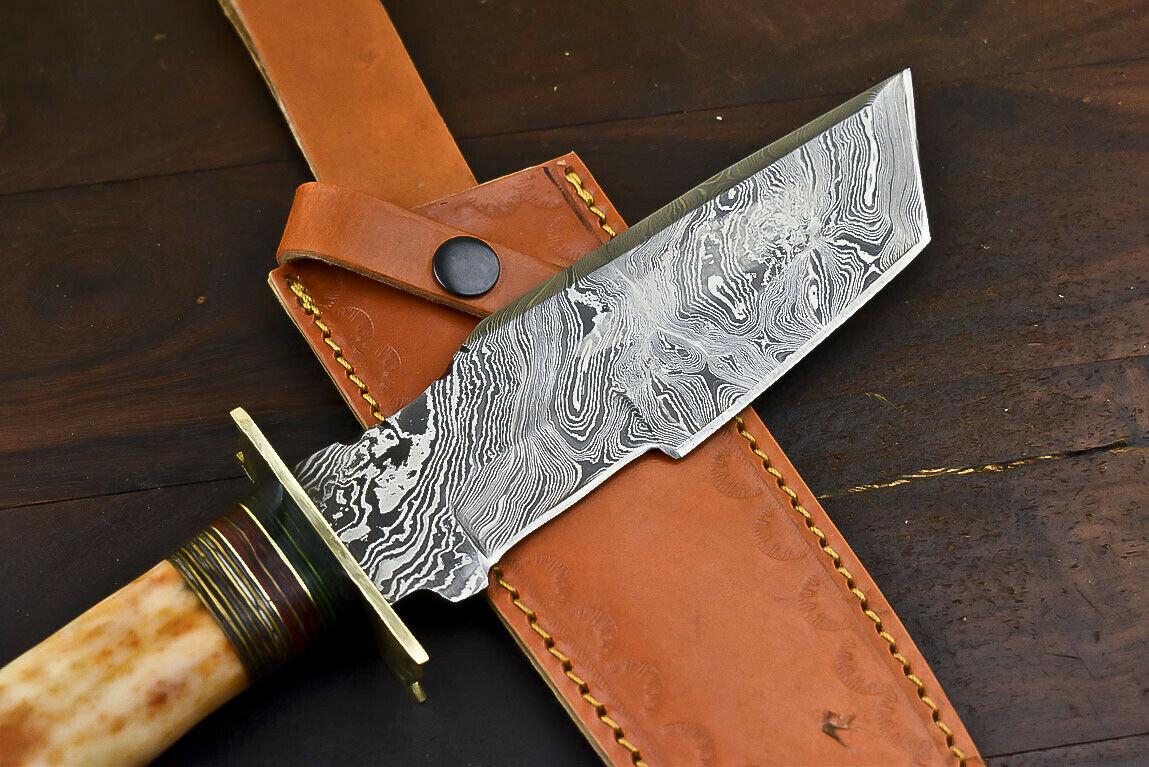12" Handmade Damascus Steel Bowie Knife with Camel Bone Handle & Leather Sheath