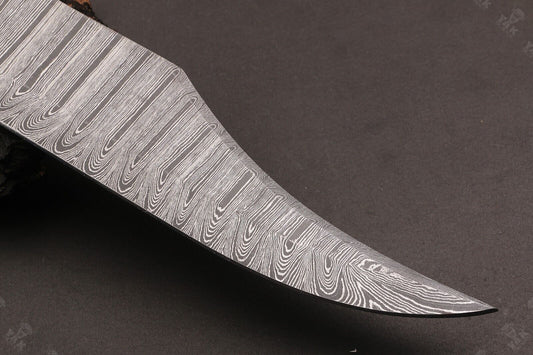Heritage Forge 15.5 Inch Custom Hand Forged Twist Damascus Hunting Bowie Knife with Camel Bone and Wood Handle