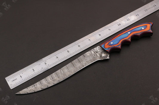 12" Hand Forged Twist Damascus Fillet Knife & Damascus Steel Fillet Knife With Leather Sheath