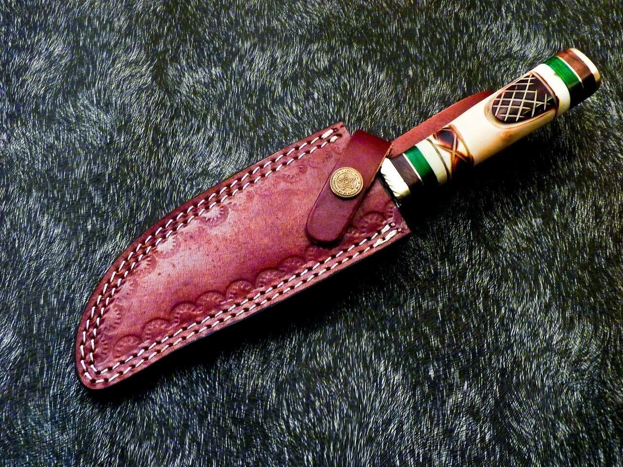 Heritage Forge 10 Inch Damascus Steel Camping Hunting Knife with Camel Bone Handle