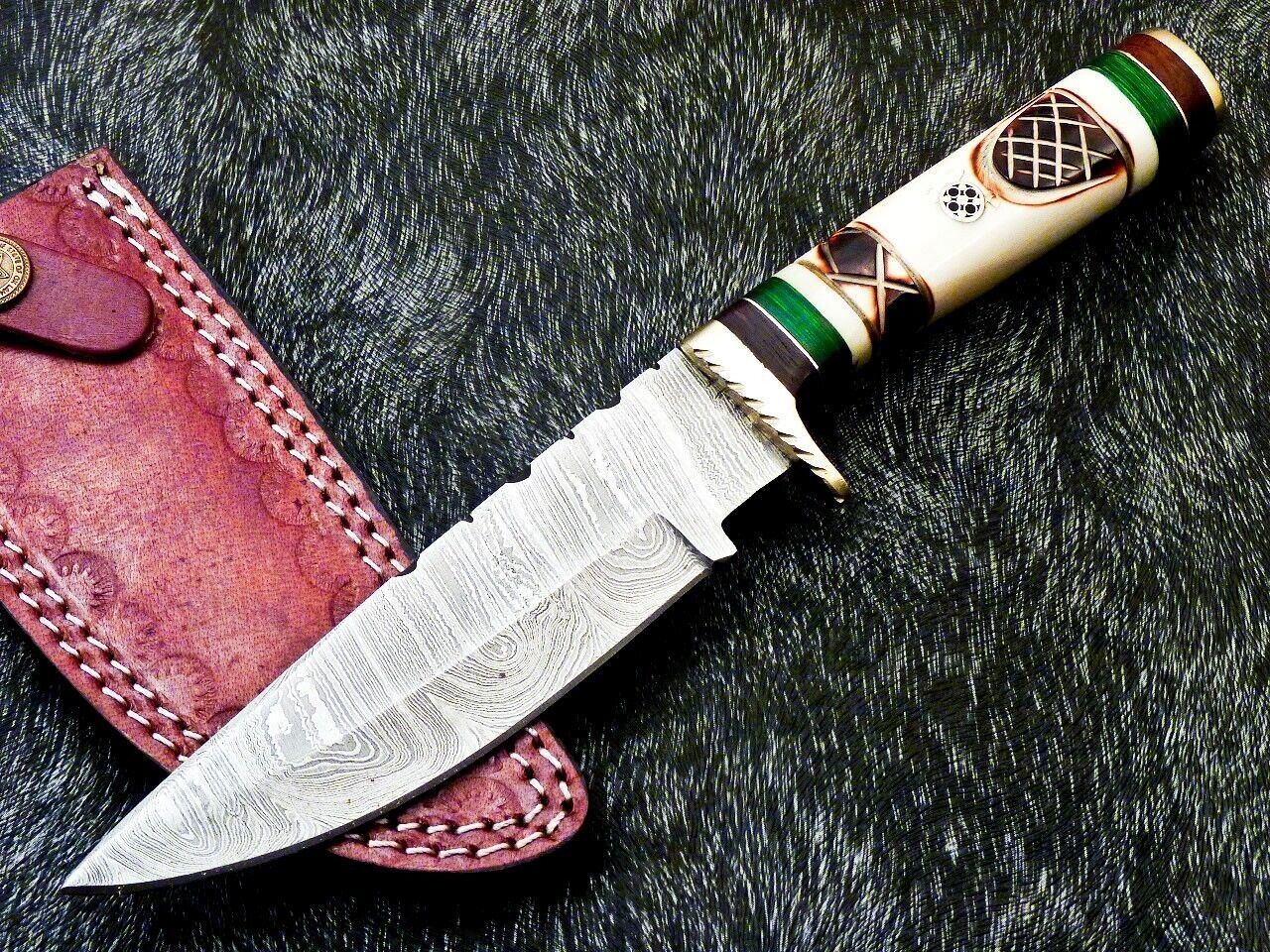 Heritage Forge 10 Inch Damascus Steel Camping Hunting Knife with Camel Bone Handle