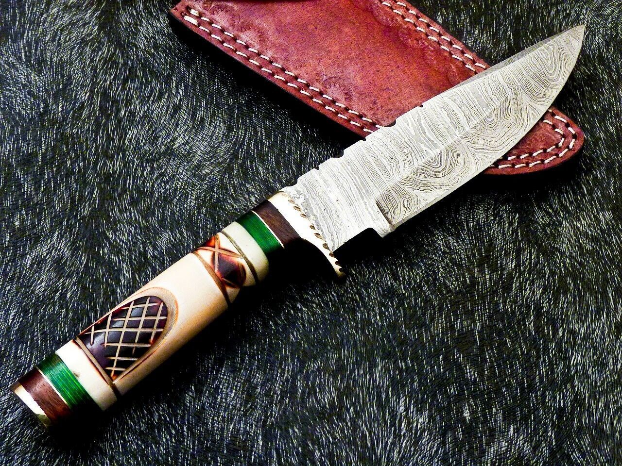Heritage Forge 10 Inch Damascus Steel Camping Hunting Knife with Camel Bone Handle