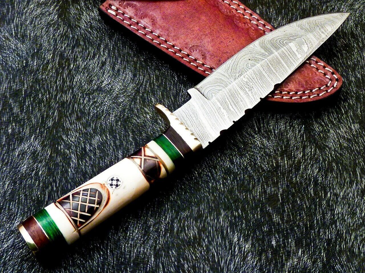 Heritage Forge 10 Inch Damascus Steel Camping Hunting Knife with Camel Bone Handle