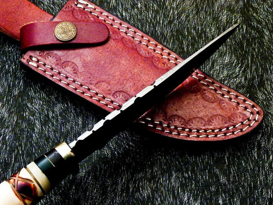 Heritage Forge 10 Inch Damascus Steel Camping Hunting Knife with Camel Bone Handle