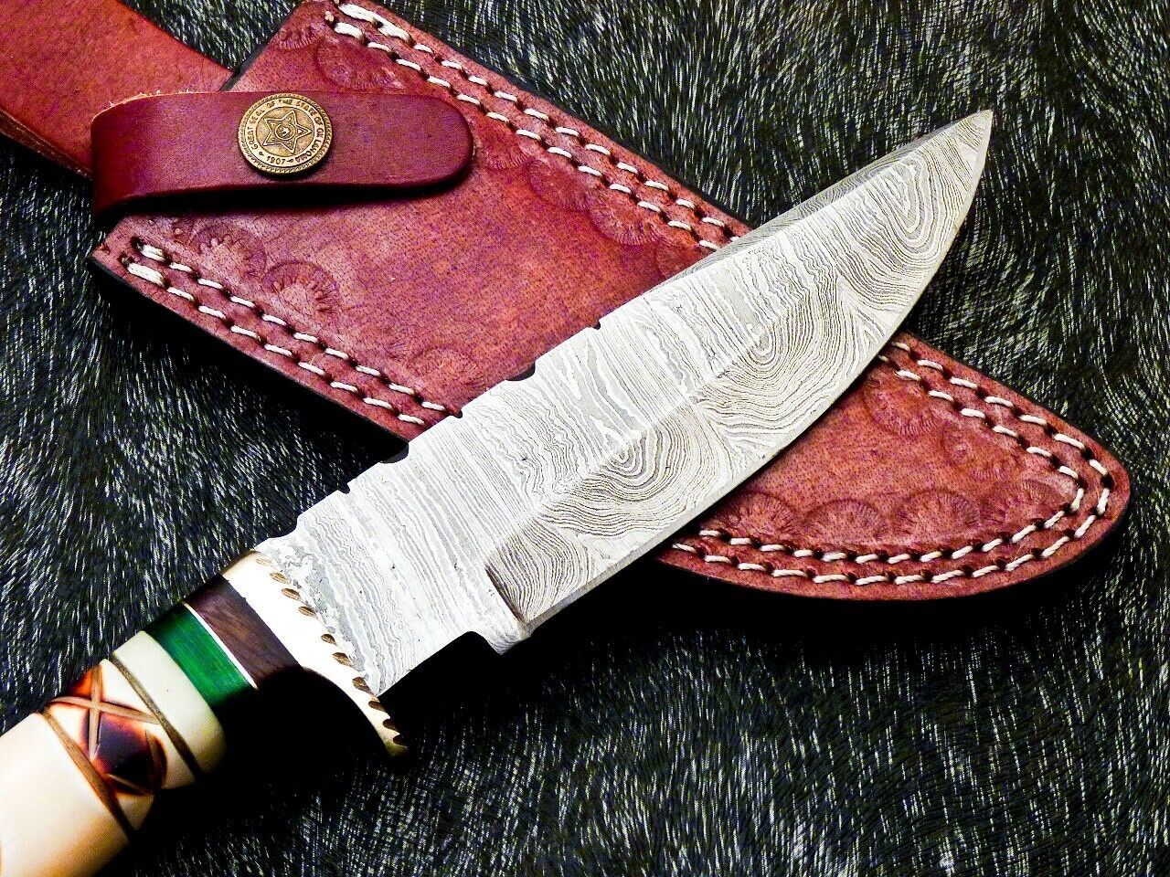 Heritage Forge 10 Inch Damascus Steel Camping Hunting Knife with Camel Bone Handle