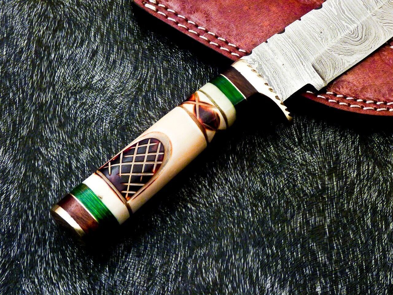 Heritage Forge 10 Inch Damascus Steel Camping Hunting Knife with Camel Bone Handle