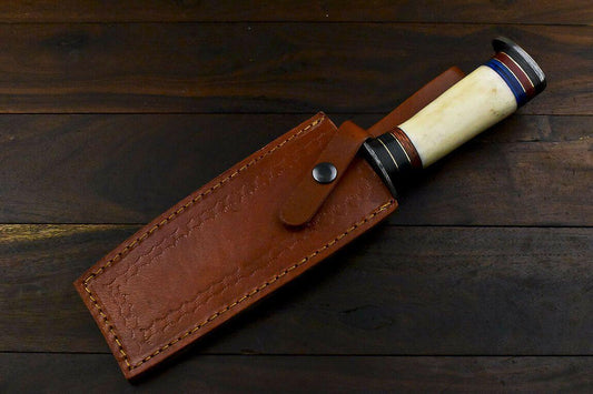 12.1" Handmade Damascus Hunting Bowie Knife – Camel Bone Handle