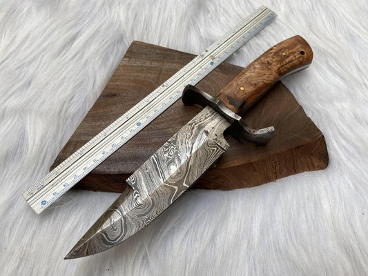 Damascus Bowie – Wood Handle, 12" Hand-Forged Blade with Leather Sheath