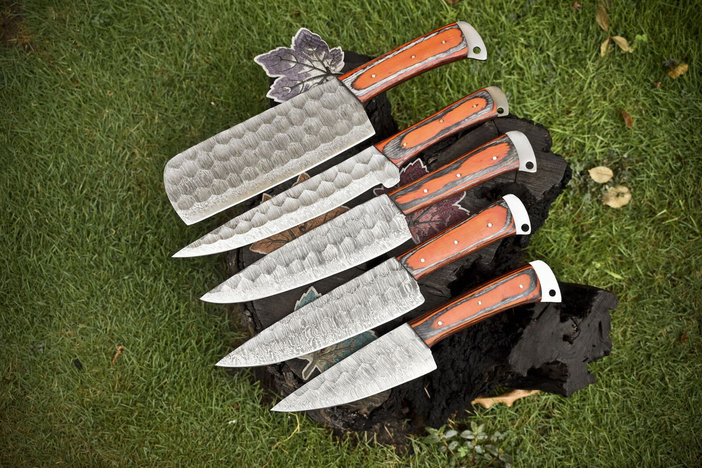 Handmade Chef Knife Set Twist Damascus Steel with Hard Wood Handles – Lot of 5 Camping & Rare Knives