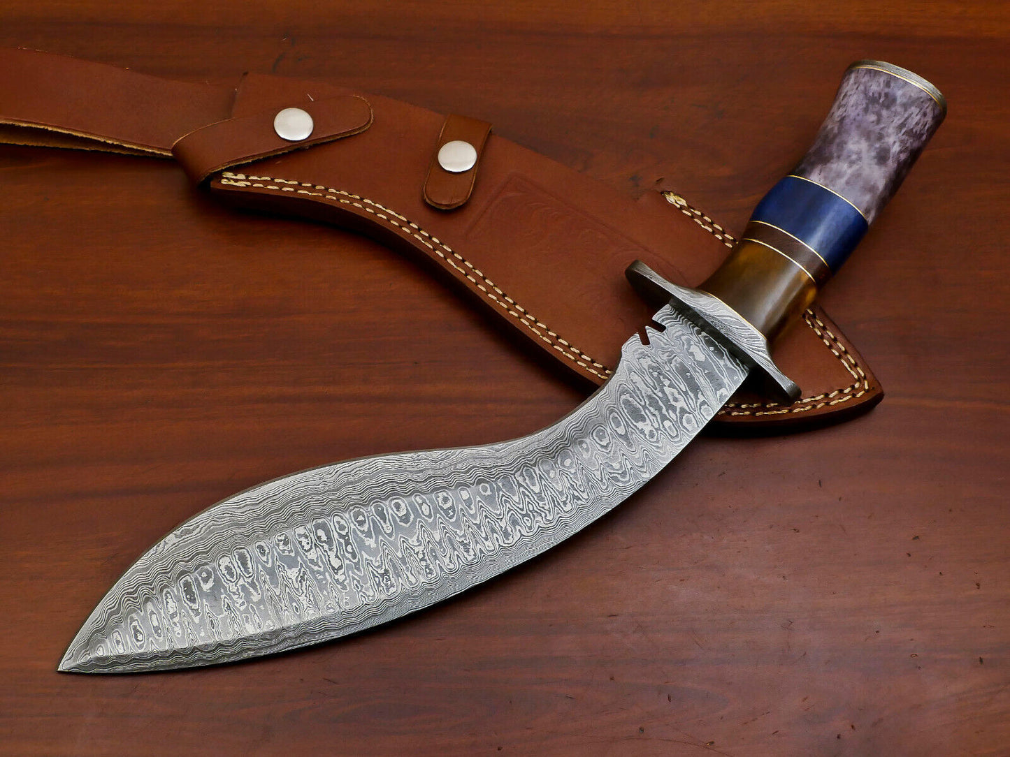 15" Damascus Kukri Bowie Knife – Camel Bone & Rosewood Handle