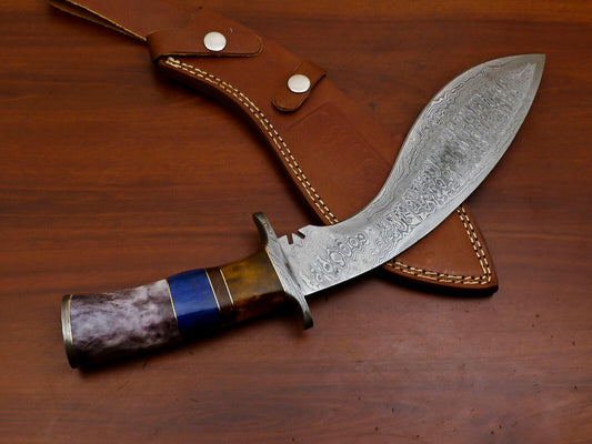 15" Damascus Kukri Bowie Knife – Camel Bone & Rosewood Handle