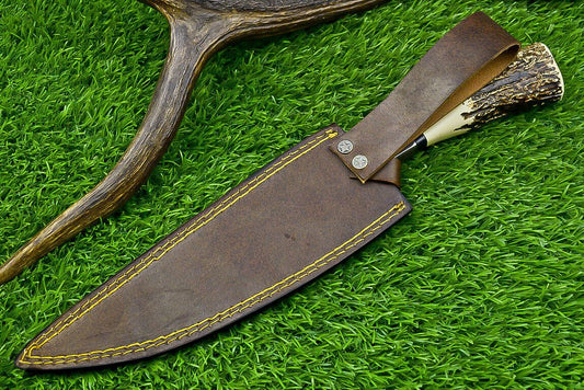 13" Damascus Bowie Knife – Stag Horn Handle with Damascus Bolster