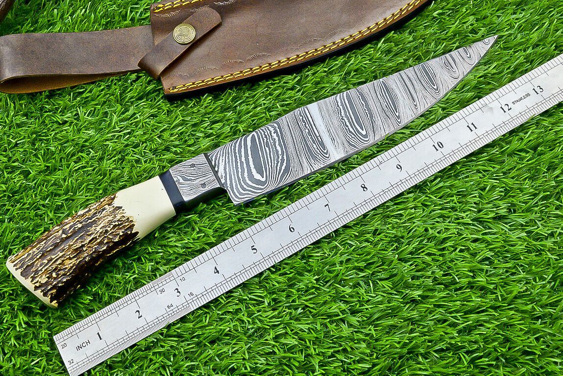 13" Damascus Bowie Knife – Stag Horn Handle with Damascus Bolster