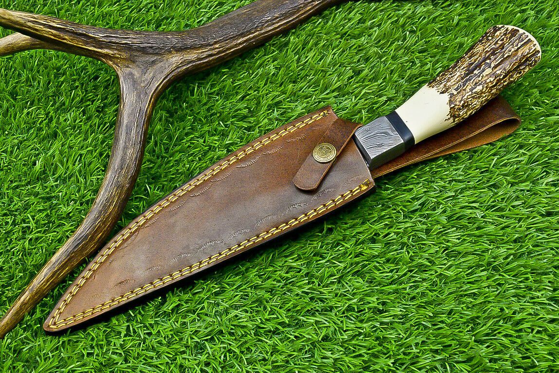 13" Damascus Bowie Knife – Stag Horn Handle with Damascus Bolster