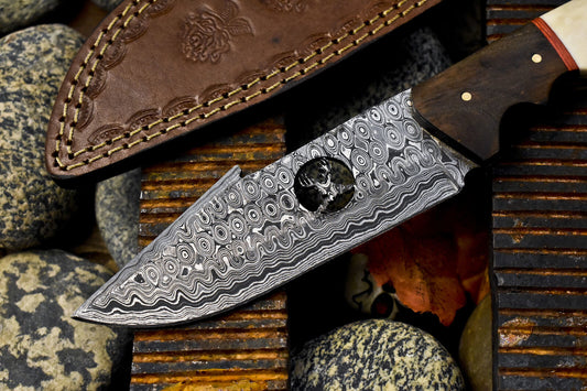 Hand Forged Skinner Knife Rain Drop Damascus Bone and Wood EDC