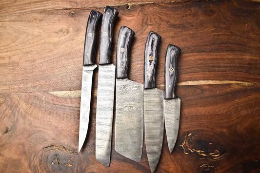 Lot of 5 Handmade Damascus Steel Blade Chef Knife Set – 384 Layer Forged Full Tang Blades