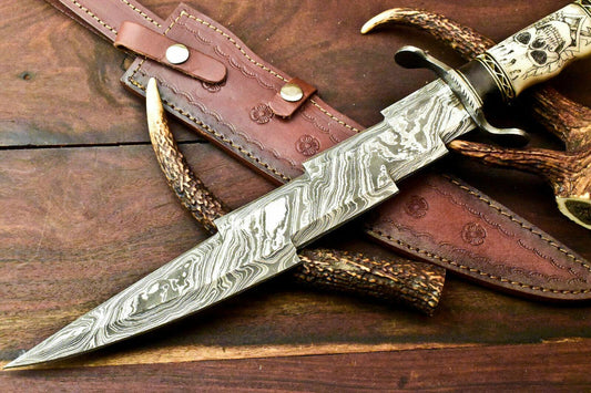 17.5" Laser Etched Damascus Hunting Bowie Knife | Stained Camel Bone