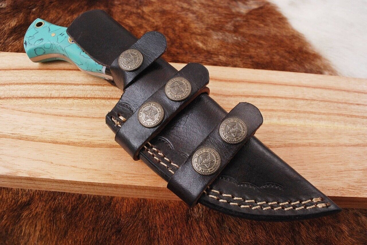 8 Inch Full Tang Damascus Hunting Skinner Knife – Handmade with Leather Sheath