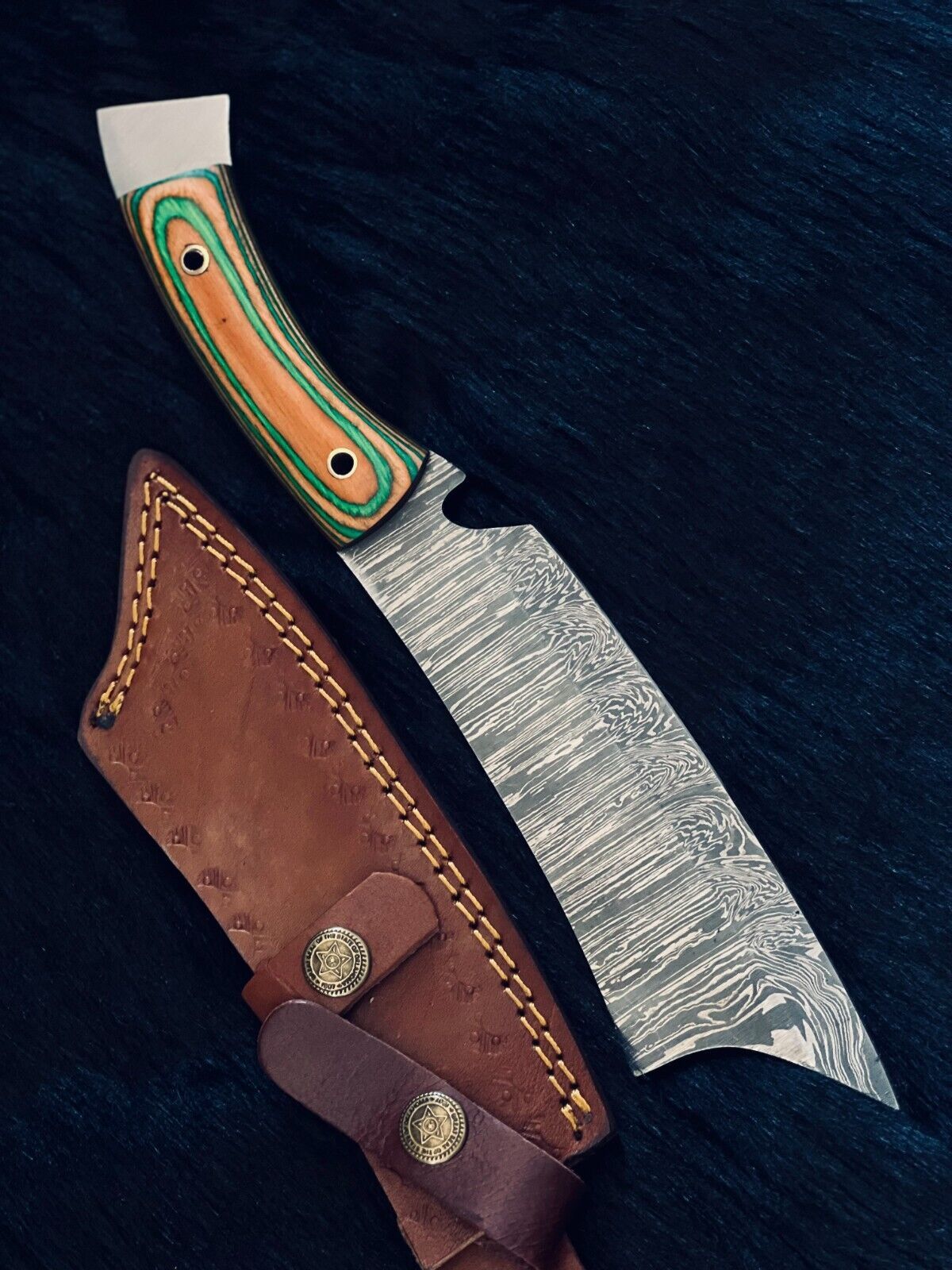 Heritage Forge 11.5 Inch Fire Damascus Steel Machete Knife with Camel Bone and Wood Handle