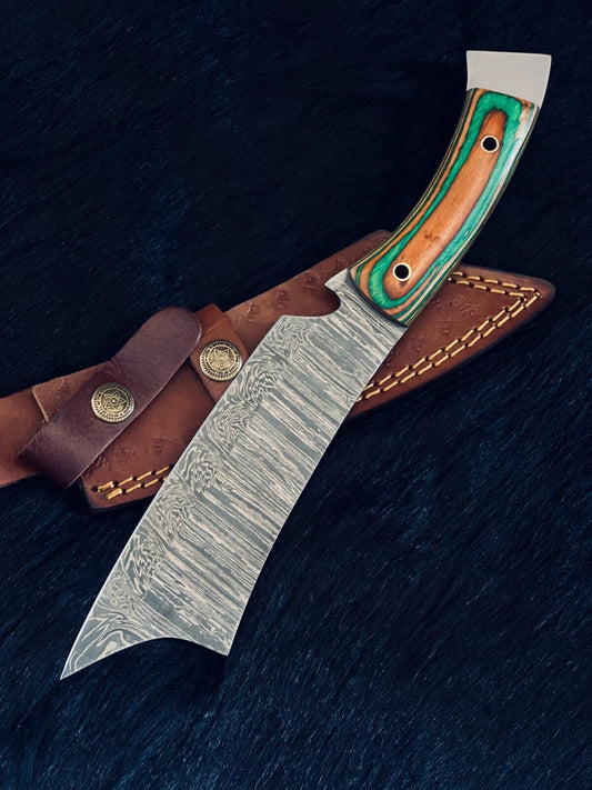 Heritage Forge 11.5 Inch Fire Damascus Steel Machete Knife with Camel Bone and Wood Handle