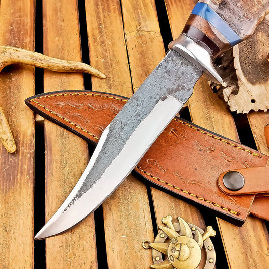 13" Custom Handmade Damascus Bowie Hunting Knife – Ram Horn Handle with Leather Sheath