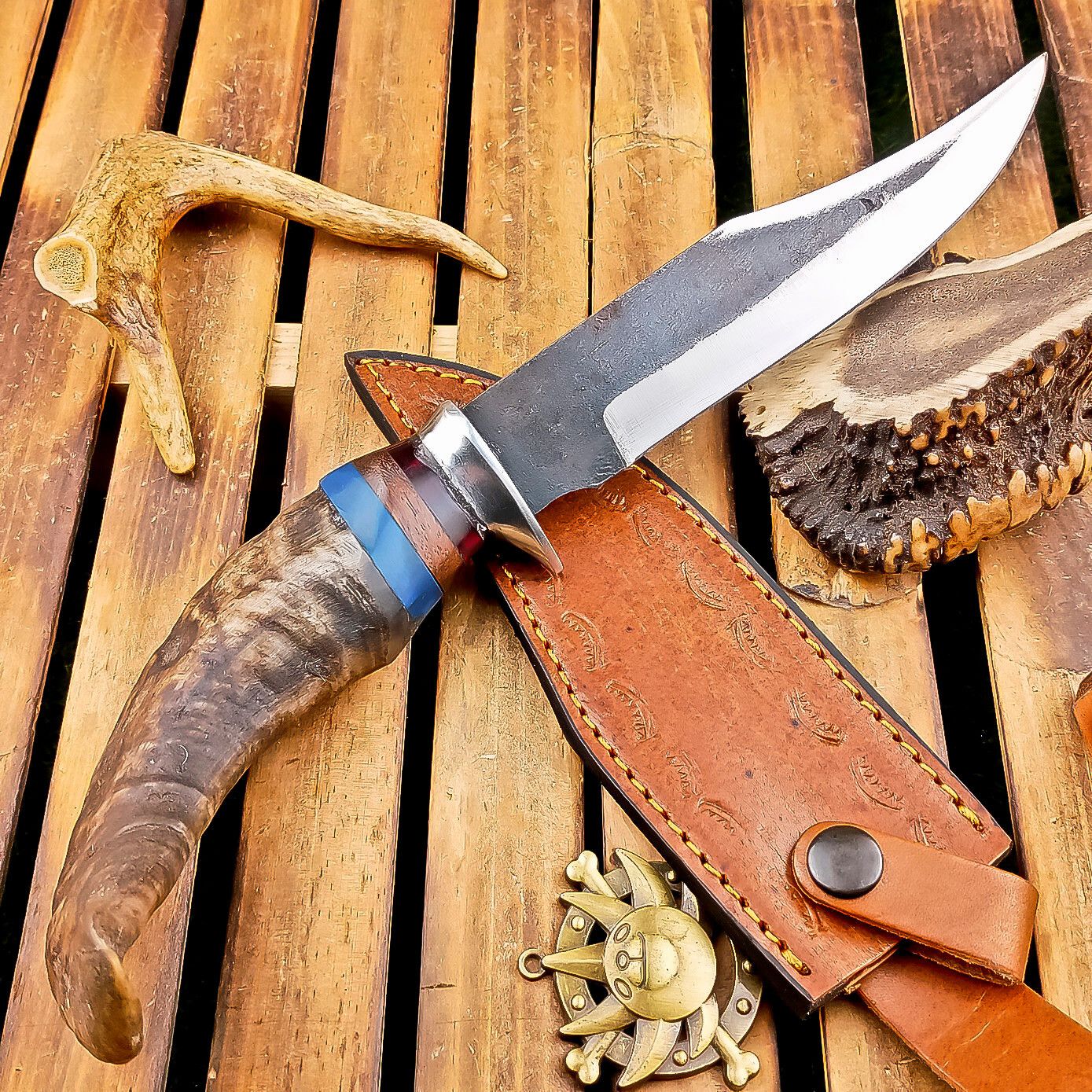 13" Custom Handmade Damascus Bowie Hunting Knife – Ram Horn Handle with Leather Sheath
