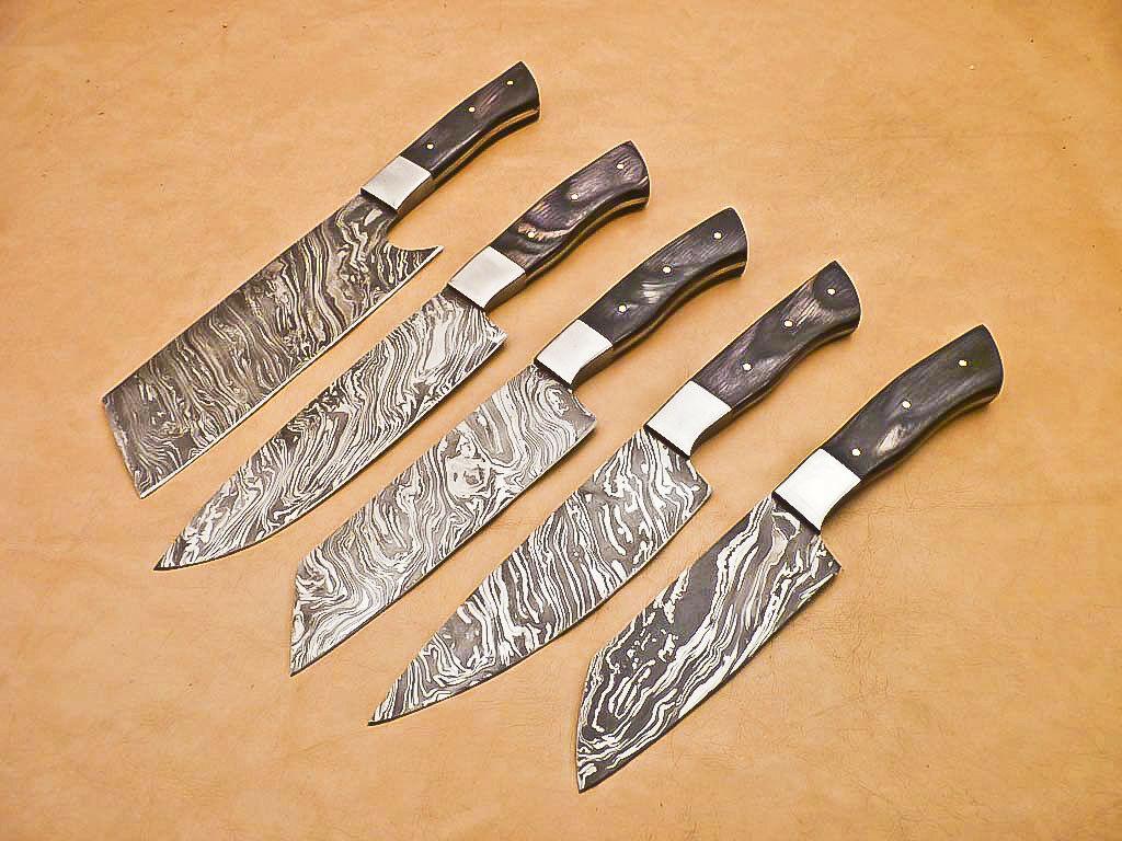 Rody Stan Handmade Damascus Chef Knife Set – 5 PCS Full Tang, 1095 Steel, Hardwood Handle