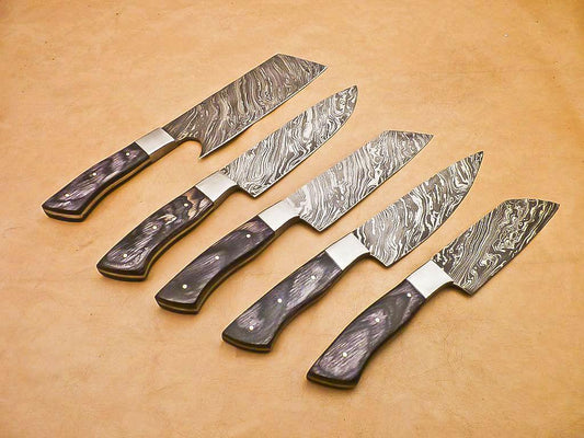Rody Stan Handmade Damascus Chef Knife Set – 5 PCS Full Tang, 1095 Steel, Hardwood Handle