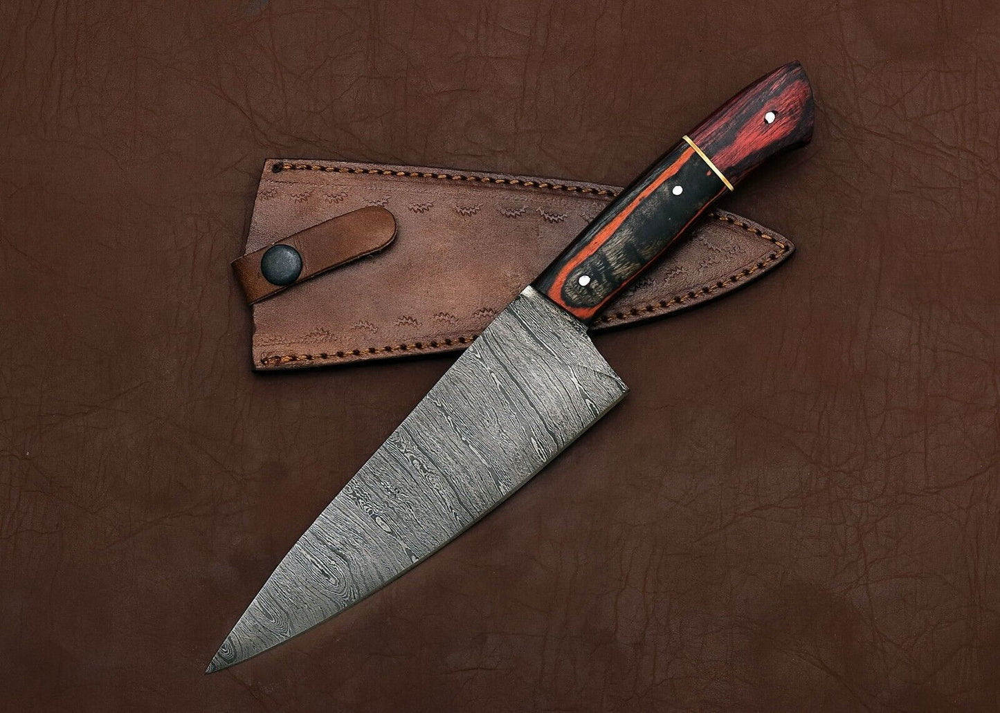 Premium Full Tang Damascus Steel Chef Fillet Knife | Handmade Kitchen Knife with Pakka Wood Handle & Leather Sheath