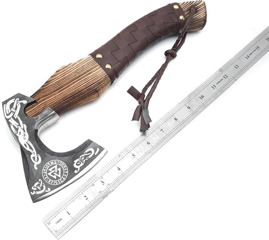 16″ Viking Axe Hatchet – Hand-Forged Carbon Steel Blade with Rosewood Handle & Leather Sheath