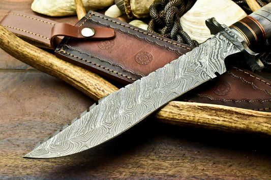 14" Handmade Damascus Bowie Knife – Camel Bone Handle, Leather Sheath
