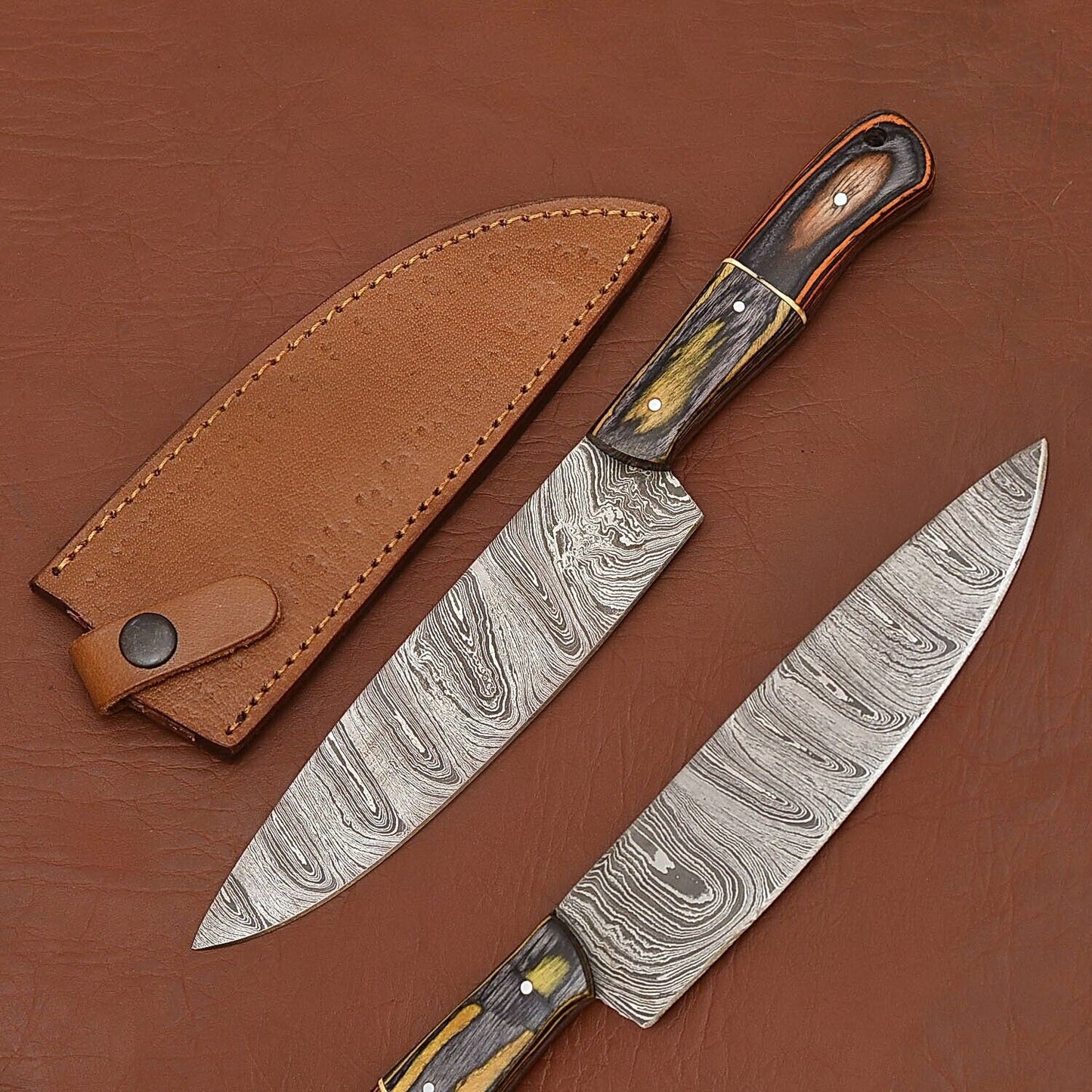Hand-Forged Damascus Steel Chef Kitchen Knife | 12" Full Tang Wood Handle with Leather Sheath