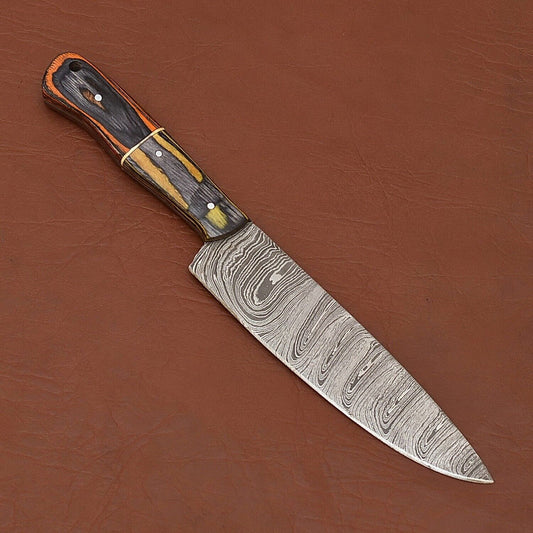 Hand-Forged Damascus Steel Chef Kitchen Knife | 12" Full Tang Wood Handle with Leather Sheath
