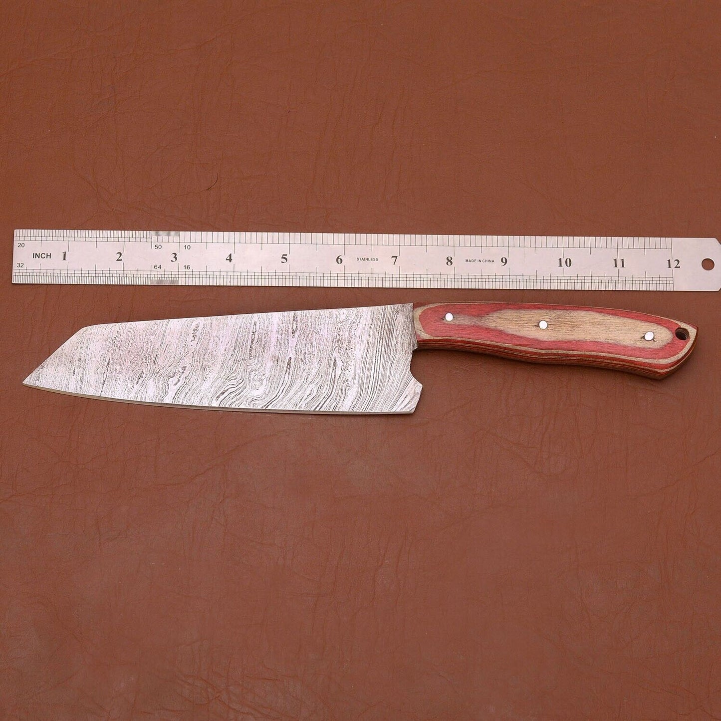 Premium Handmade Damascus Steel Chef Knife | 12" Kitchen Knife with Wooden Handle & Leather Sheath