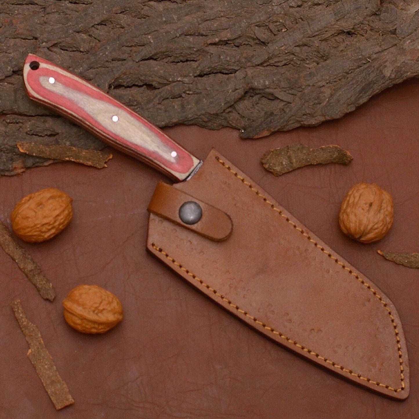 Premium Handmade Damascus Steel Chef Knife | 12" Kitchen Knife with Wooden Handle & Leather Sheath