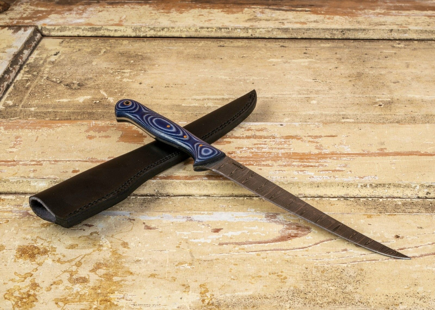 12.7” Custom Fillet Knife Damascus Fillet Knife with Micarta Handle & Leather Sheath