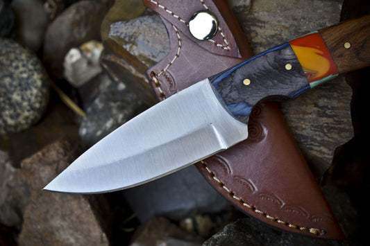 Handmade Skinner Knife | 440C Steel | Mixed Material Handle & Wooden Bolster | 8.5" EDC Hunting Knife