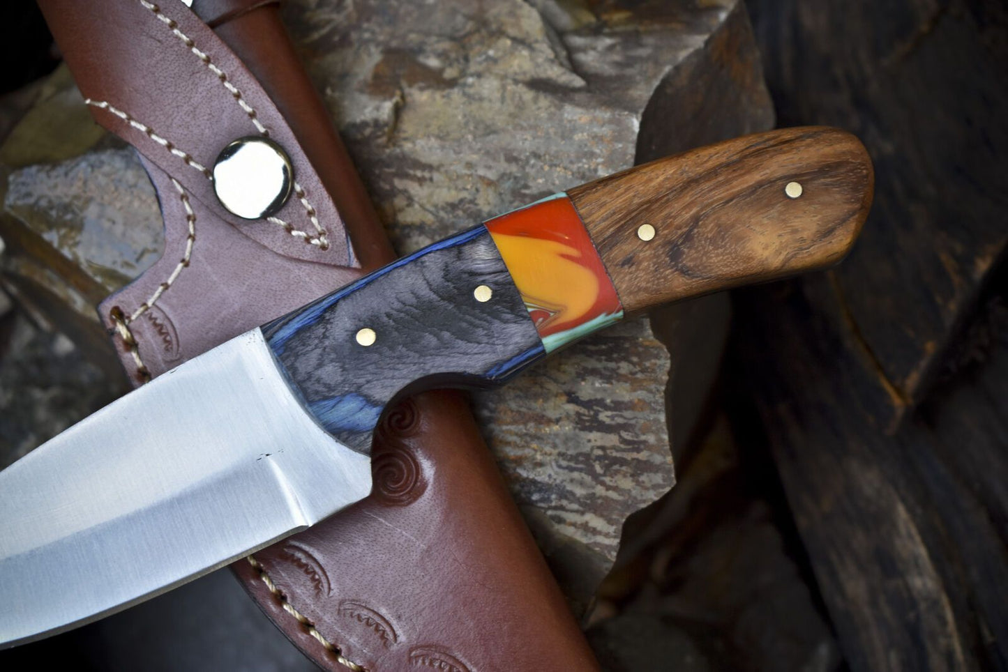 Handmade Skinner Knife | 440C Steel | Mixed Material Handle & Wooden Bolster | 8.5" EDC Hunting Knife