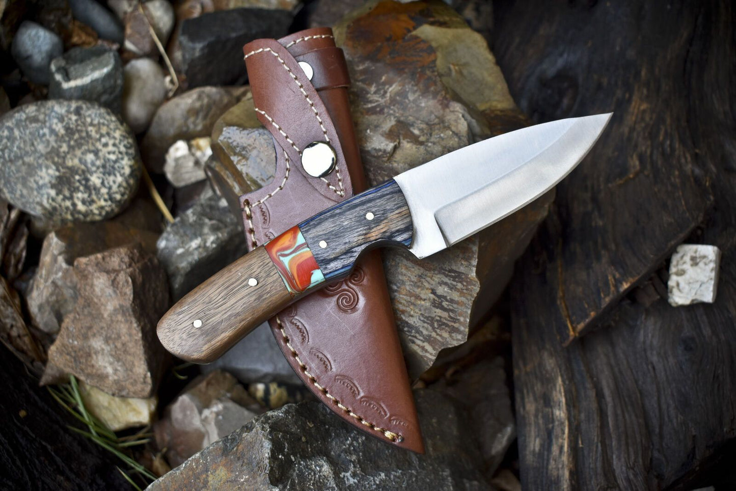 Handmade Skinner Knife | 440C Steel | Mixed Material Handle & Wooden Bolster | 8.5" EDC Hunting Knife