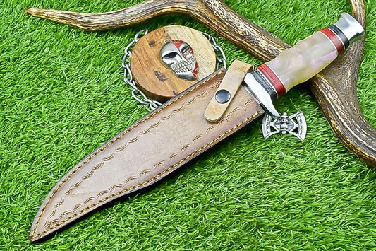 14" Premium Handmade Damascus Steel Bowie Knife – Outdoor Hunting Knife with Leather Sheath