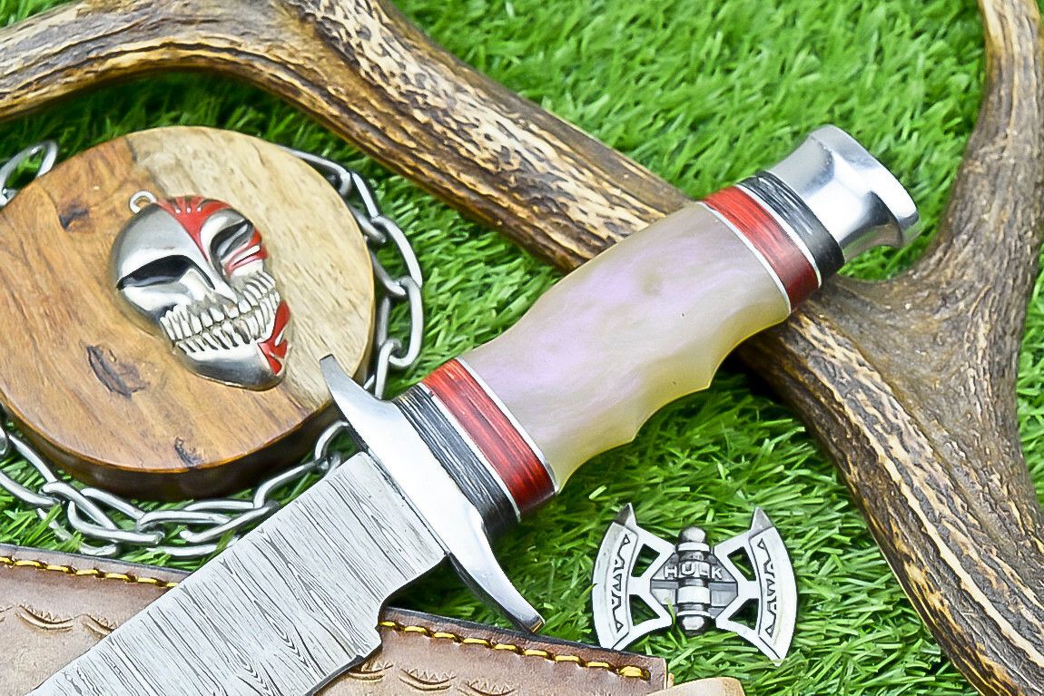 14" Premium Handmade Damascus Steel Bowie Knife – Outdoor Hunting Knife with Leather Sheath