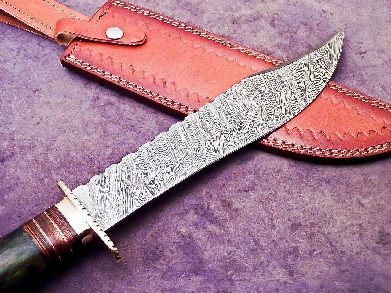 16 Inch Handmade Damascus Steel Bowie Knife with Camel Bone and Hardwood Handle by Heritage Forge