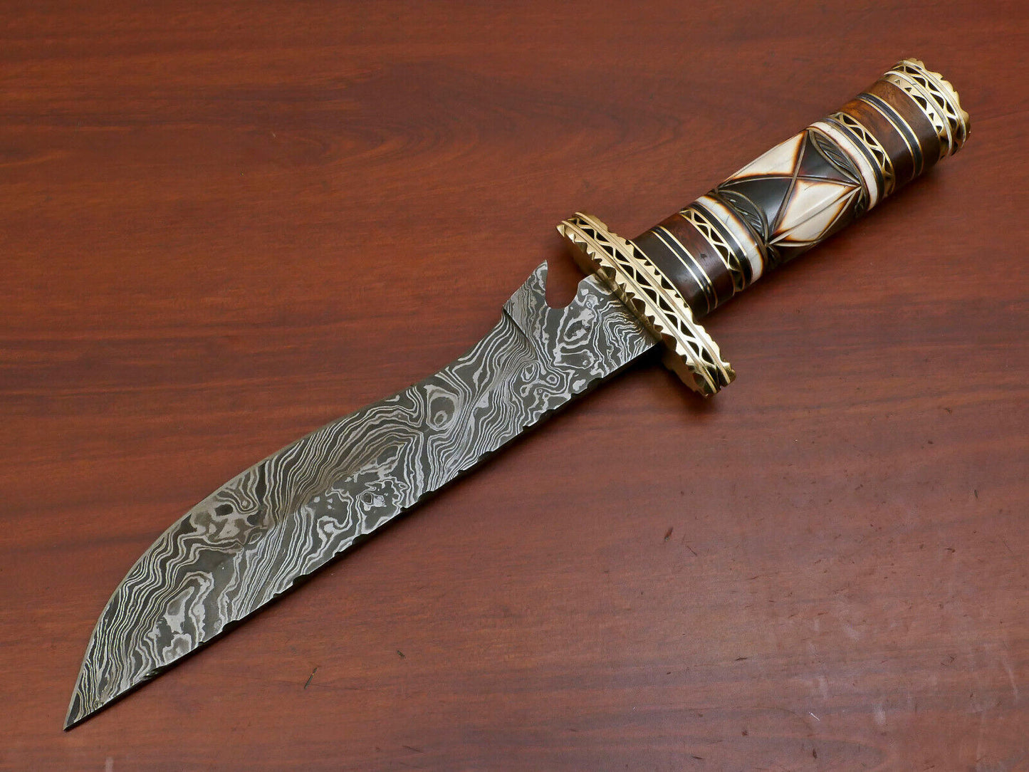 13" Custom Handmade Damascus Bowie Hunting Knife – Camel Bone & Rose Wood Handle with Brass Guard