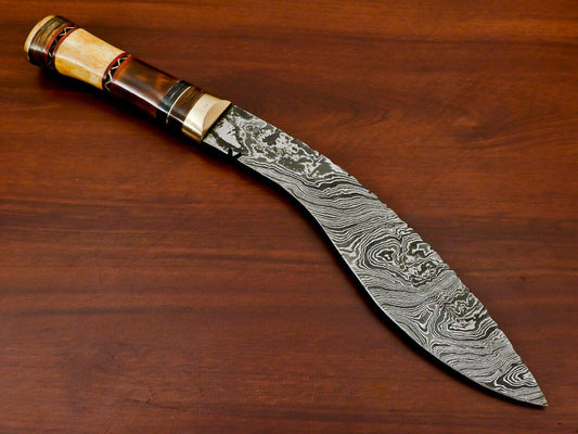 15" Handmade Damascus Khukri Bowie Knife – Stained Camel Bone & Pakka Wood