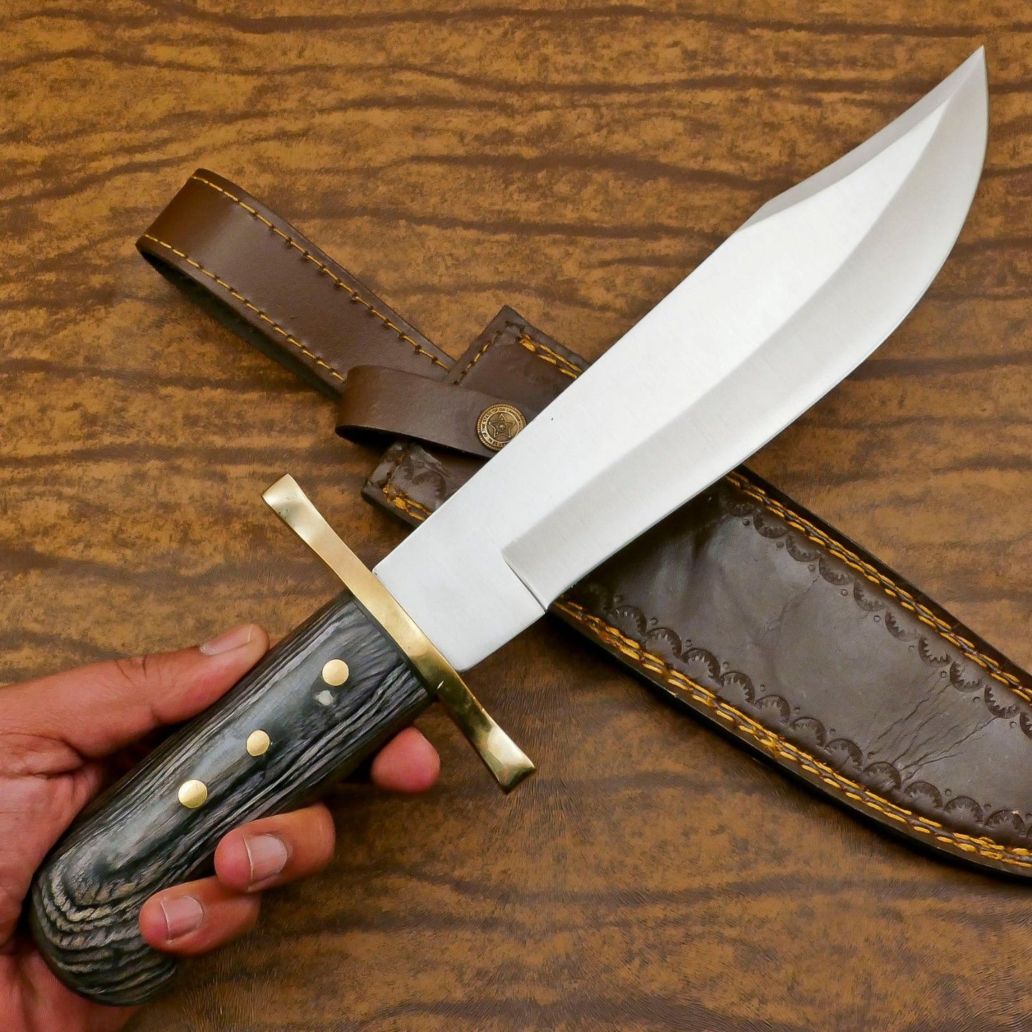 Handmade 12-Inch D2 Steel Clip Point Bowie Hunting Knife with Pakka Wood Handle & Leather Sheath