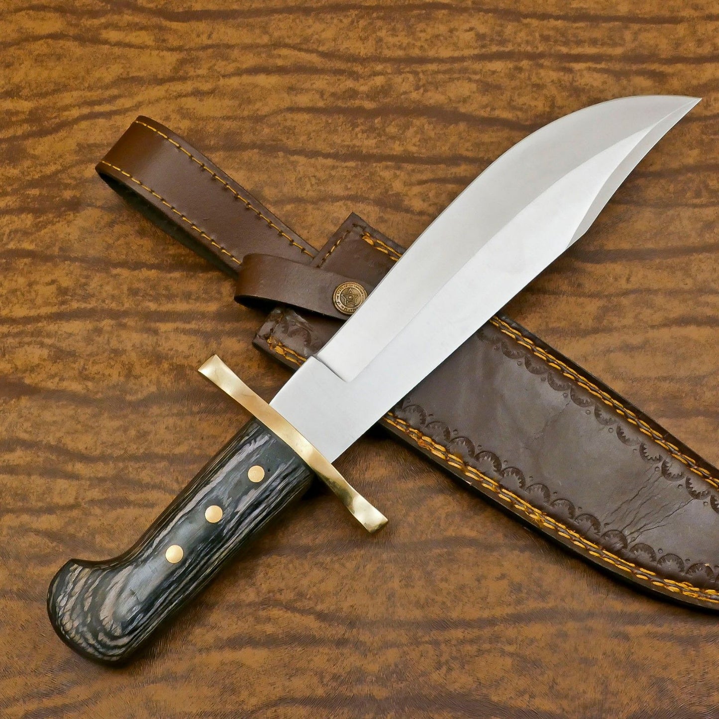 Handmade 12-Inch D2 Steel Clip Point Bowie Hunting Knife with Pakka Wood Handle & Leather Sheath