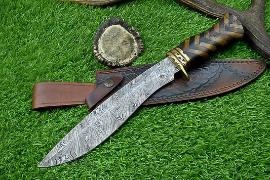 Hand Forged Damascus Bowie Knife with Natural Wood Handle and Brass Bolster 14.5 Inches