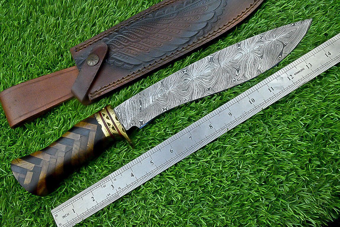 Hand Forged Damascus Bowie Knife with Natural Wood Handle and Brass Bolster 14.5 Inches