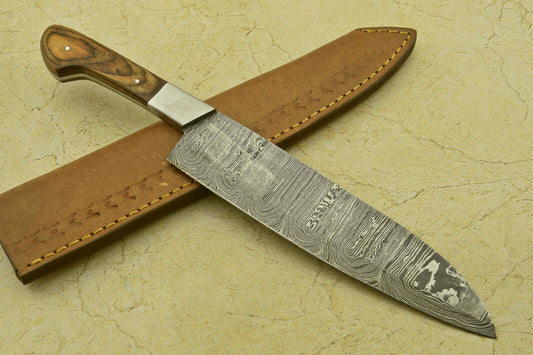 Hand-Forged Damascus Steel Chef Knife – Custom Handmade Kitchen Blade with Wood Handle