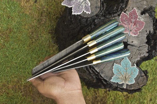 Hand Forged Twist Damascus Chef Knife Set of 5 – Hardwood Handle, Hunting & Kitchen Use